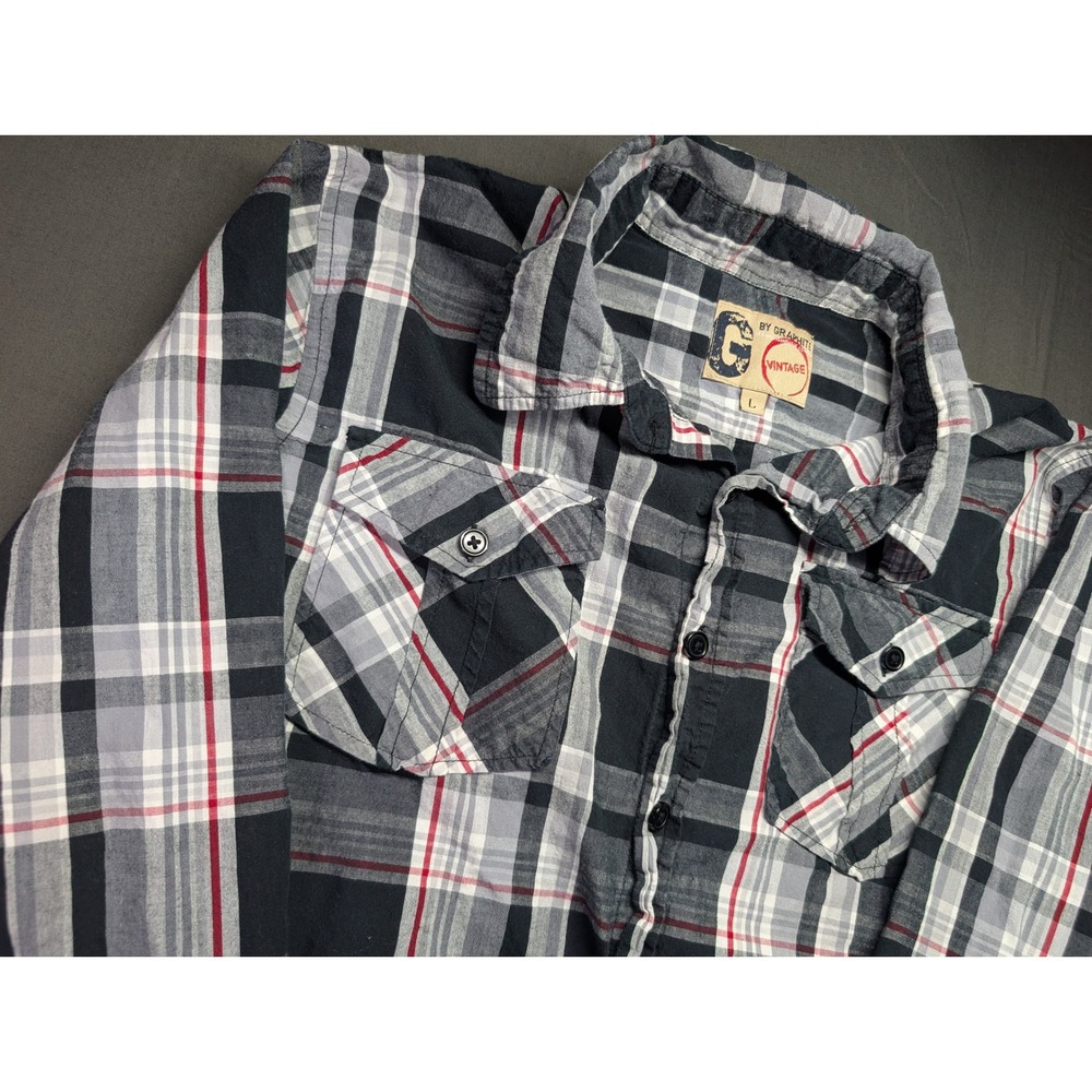 Graphite Vintage Mens Large Plaid Button Down Shirt Black White Red Cotton L